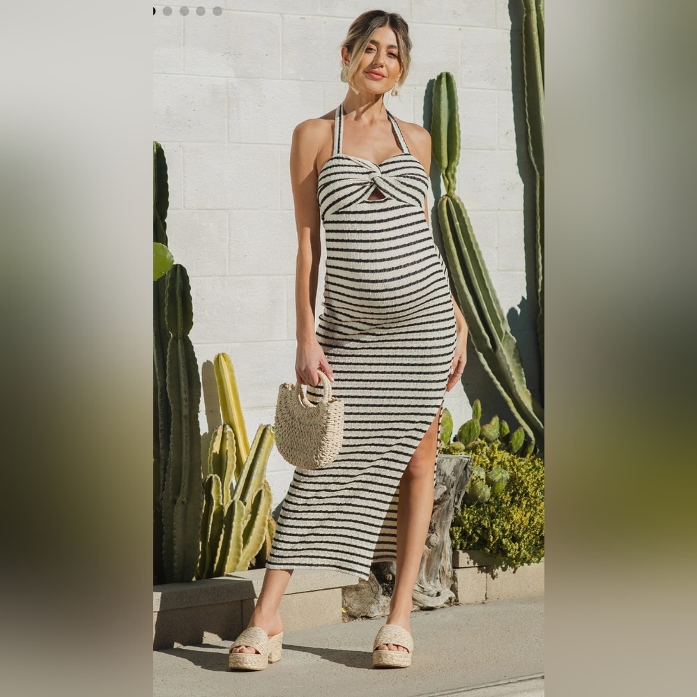 Ivory Striped Twist Front Halter Maternity Midi Dress